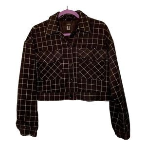 Forever 21 Cropped Plaid Blazer Black White Tweed Knit Long Sleeve Notch Collar
